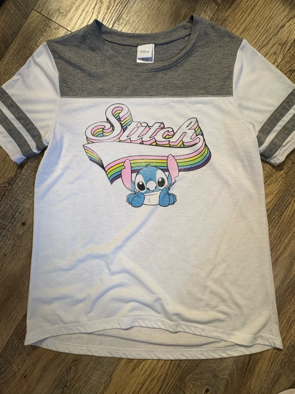 Disney Stitch Short Sleeve Tee in White and Gray with Pastel Rainbow